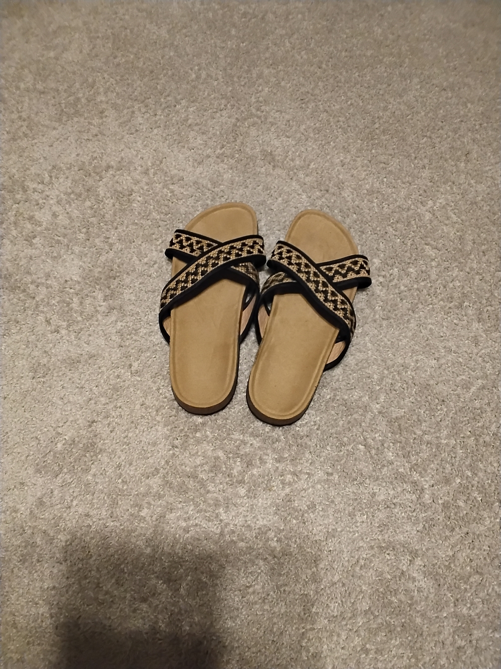 Women’s Tan Slide Sandals with Black Patterned Straps